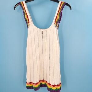 Aqua NWT knit white tank with crochet rainbow trim L